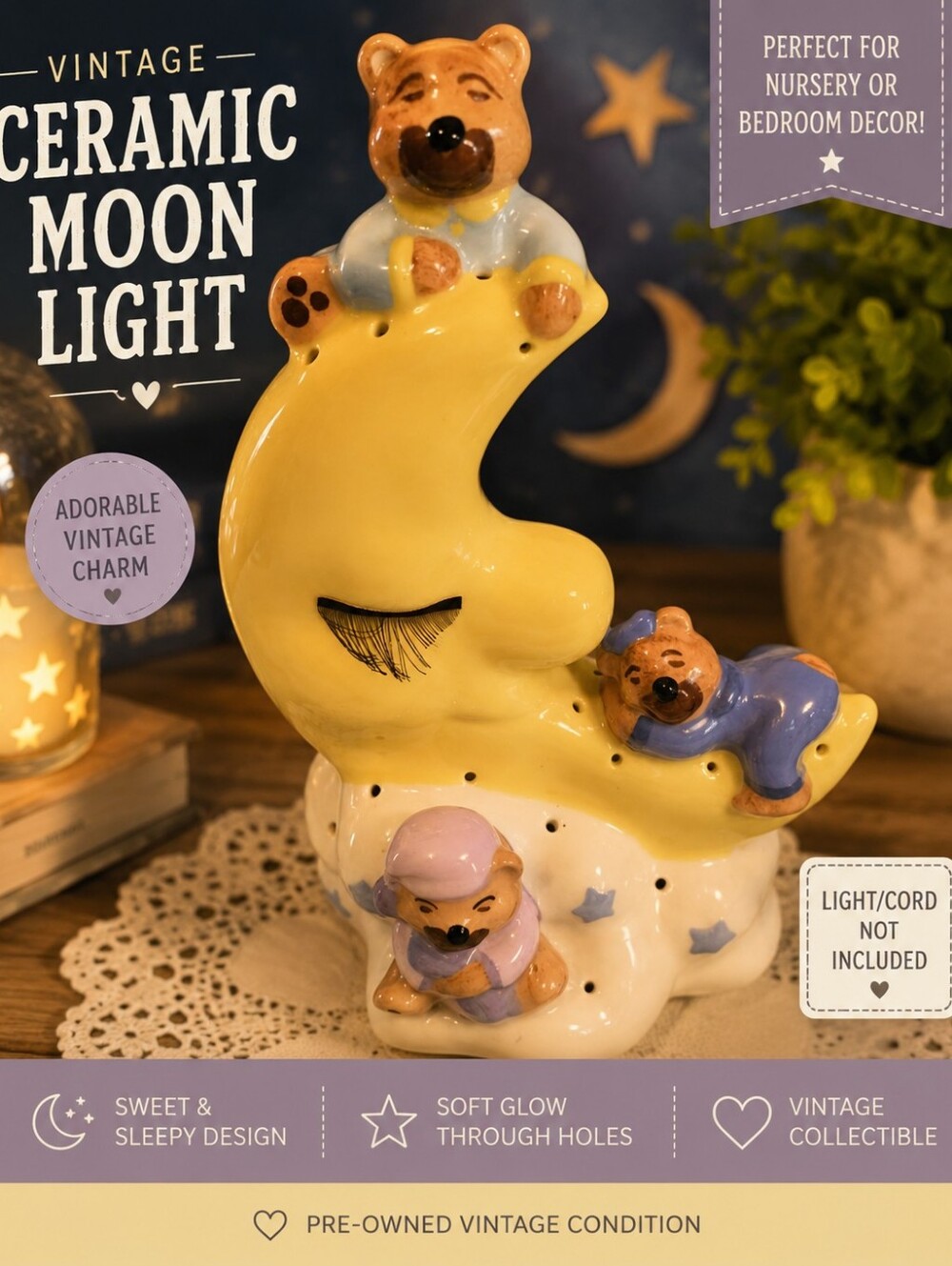 Vintage Ceramic Moon Teddy Bear Nursery Lamp Shade 1980s 90s
